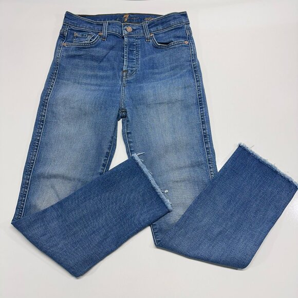7 for all Mankind Edie Cropped Jeans Size 27 Raw Hem Straight Leg Medium Wash - Picture 1 of 11